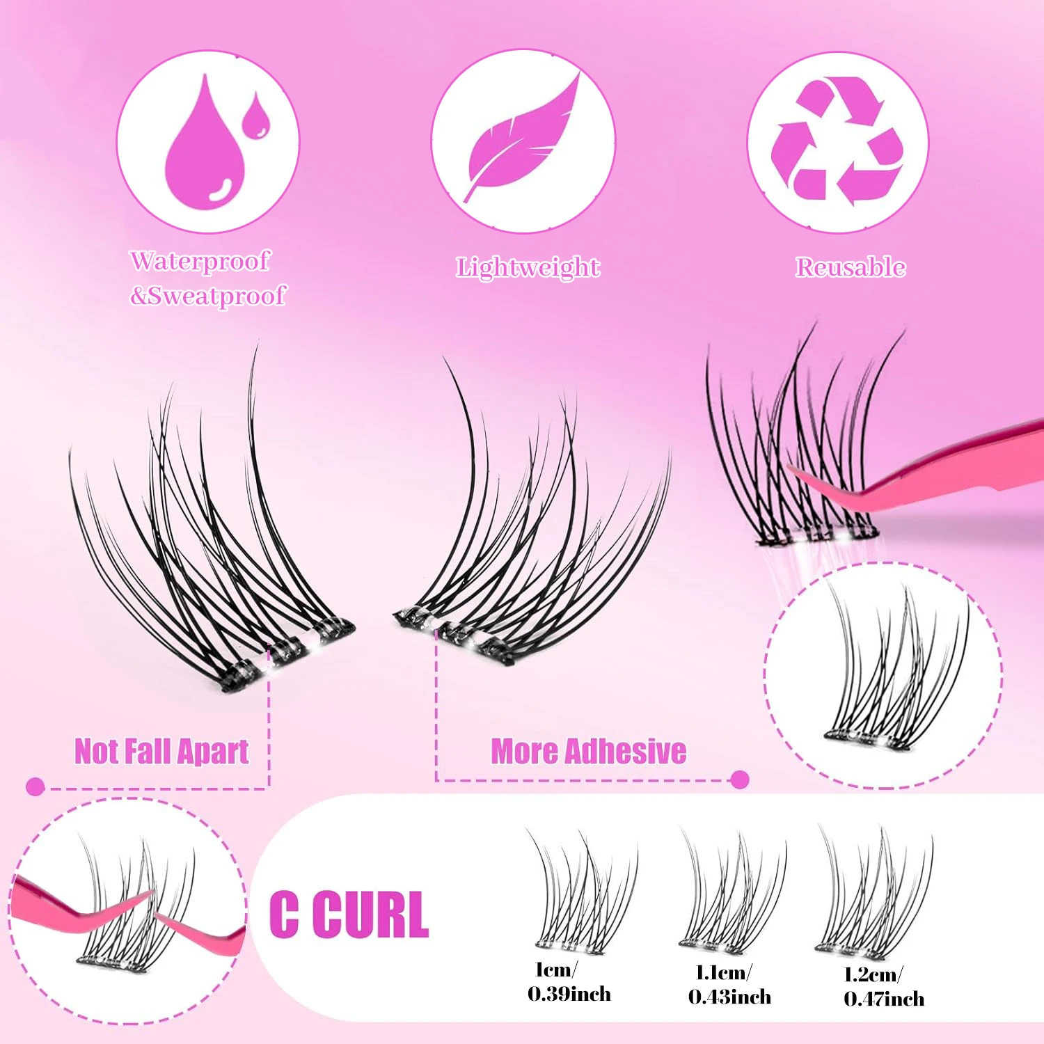 Cílios postiços autoadesivos, clusters de cílios de pressão, extensões de cílios finos, kit de extensão de cílios de cluster natural de 60 peças com pinça (10-12 mm, curvatura C) adequado para iniciantes, cílios postiços autoadesivos com aparência natural