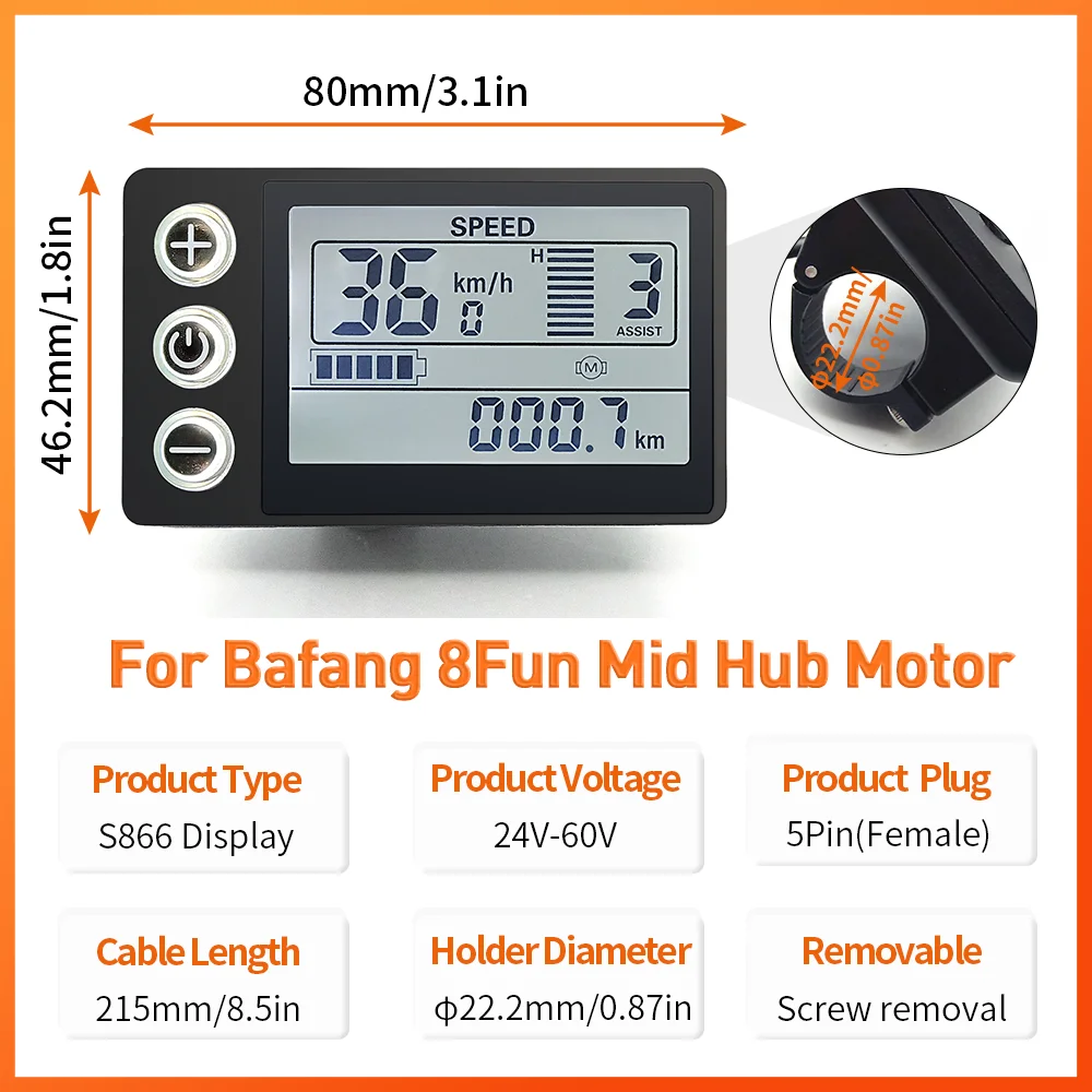 E-bike Bafang LED S866 Display for BBS01/BB02/BBSHD Bafang Mid Motor with 5 Pin Female Plug for Electric Bicycle Conversion