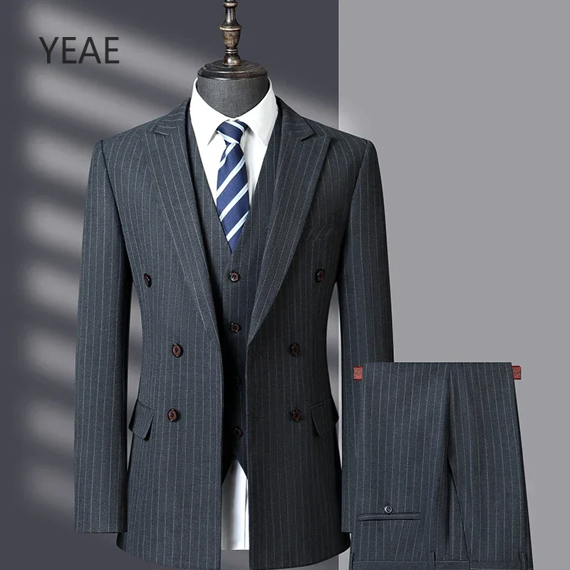 

YEAE(Jacket + Vest + Pants)High End Dark Gray Men's Casual Business Formal Office Suit Three Piece Set Groom Wedding Dress