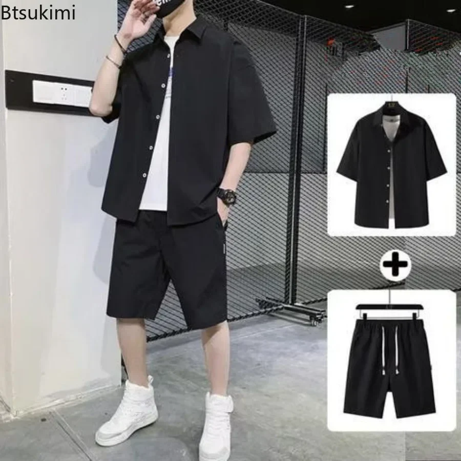 2025 Fashion Korean Style Men\'s Summer Casual Two Piece Sets High Street Trend Wear Handsome Short Sleeve Shirt+shorts Male Sets