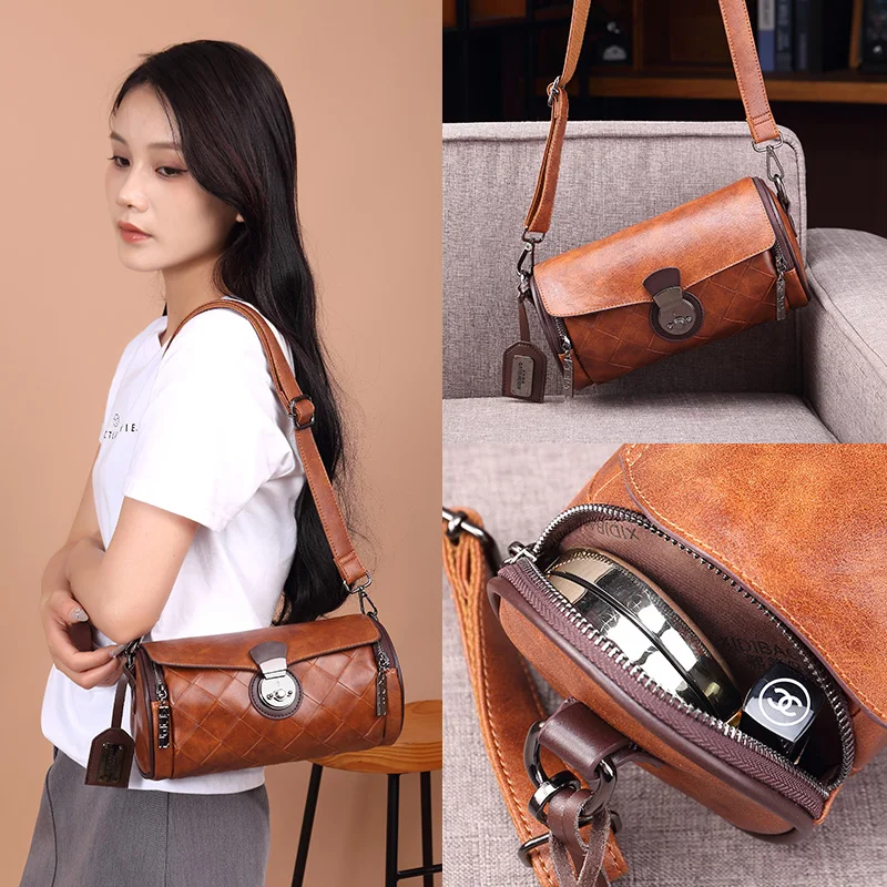 

Женская сумка-цилиндр из натуральной кожи из Гонконга, новинка 2025 года, универсальная повседневная модная сумка через плечо из воловьей кожи