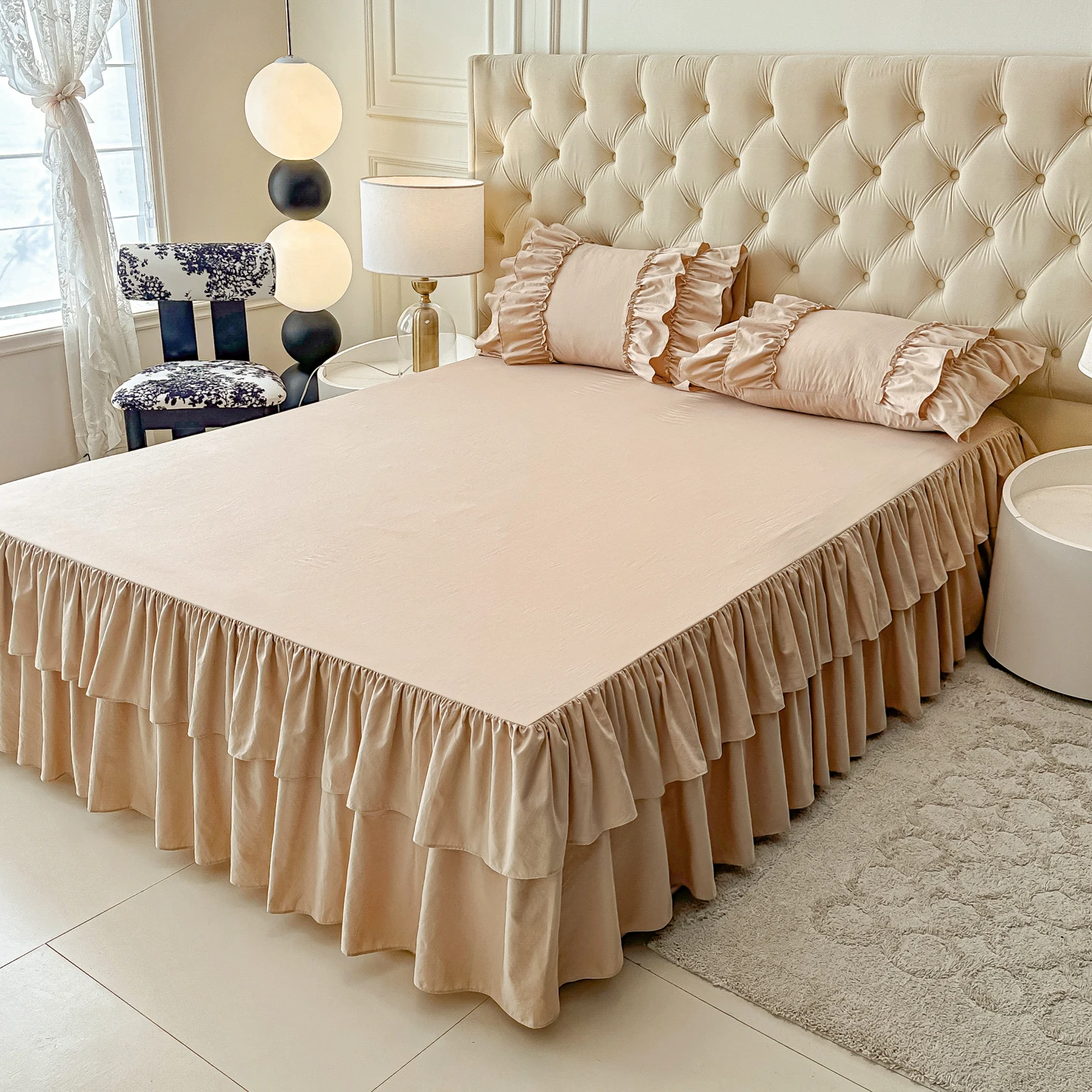 1Pc Double layer Ruffled Solid Color Bed Skirt Princess Bedroom Beds Cover Bed Skirt Non-slip Mattress Cover Bedsheet/ Bedspread