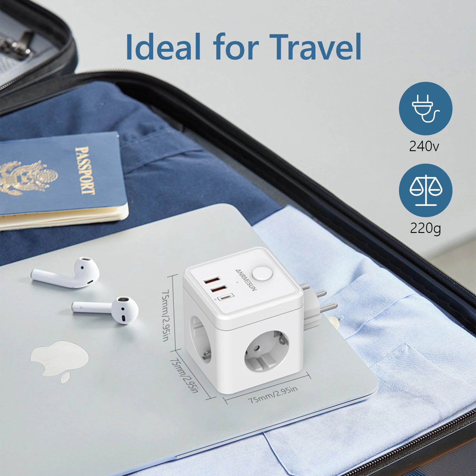 Multiple Wall Socket Extender with Switch 3 Outlets 3 USB Ports Portable Cube Multi Socket Power Adapter Type C Charge On Travel