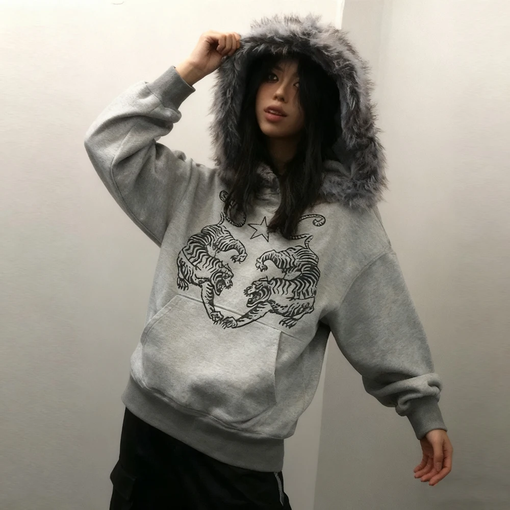 High Street-Sudadera con estampado geométrico para mujer, gorro de felpa, jersey gótico, sudaderas con capucha de gran tamaño para mujer y2k, novedad de invierno, sudadera holgada Harajuku Hip-Hop