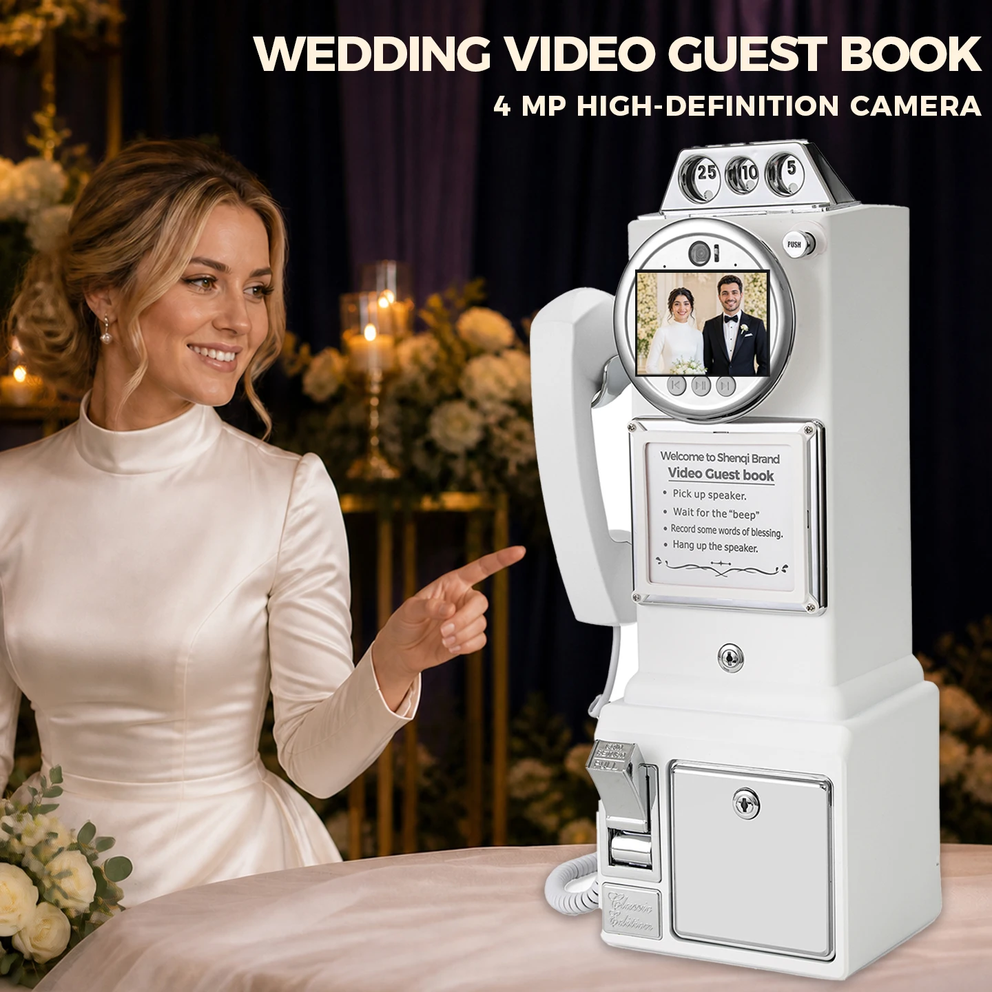 256GB Retro Wedding Video Message Book Telephone Guest Video Sign‑in Machine for Wedding Party Gathering