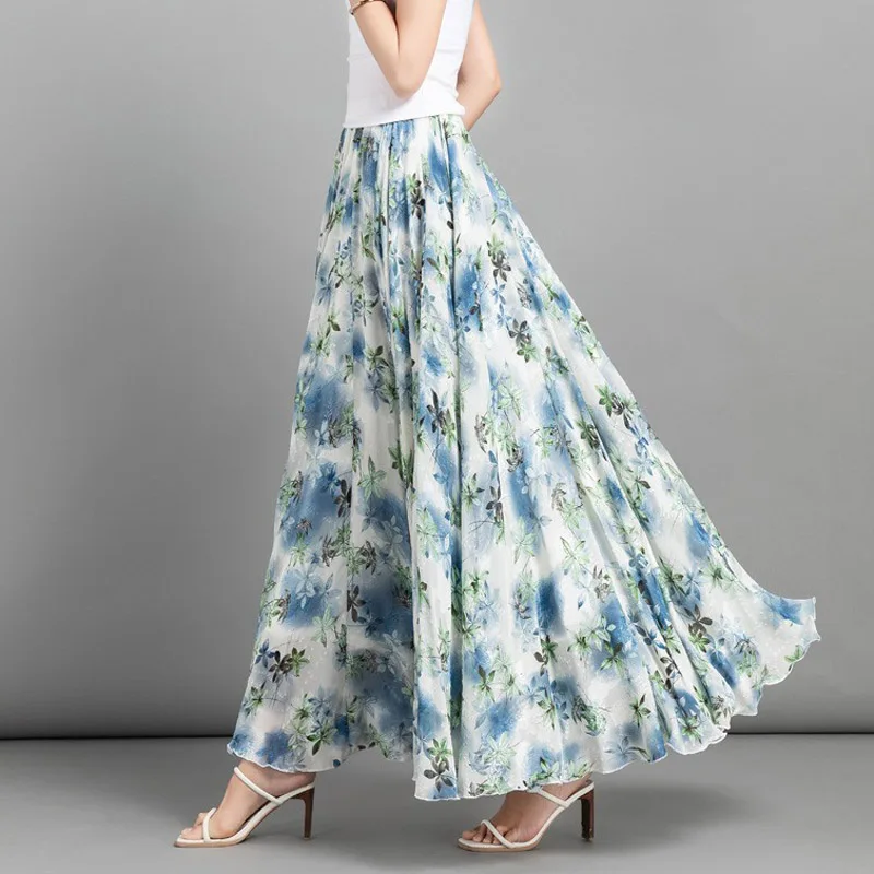 Saia feminina pastoral floral de chiffon, saia cheia de flores círculo, elegante bainha grande, saia maxi feminina, moda verão, tamanho grande