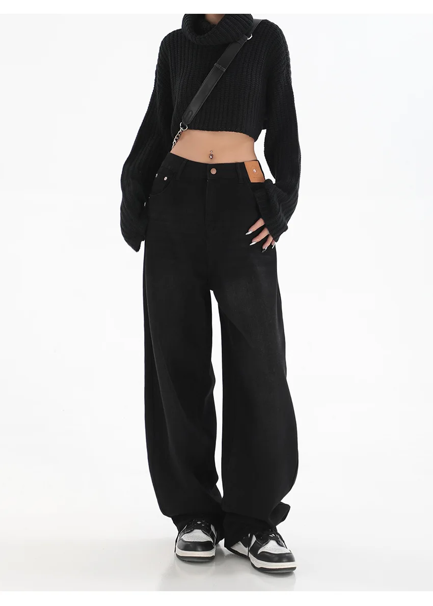 Femme taille haute coupe ajustée jambe large jean femme haute rue Y2k 2025 pantalons décontractés dame mode noir bleu pantalon en Denim ample