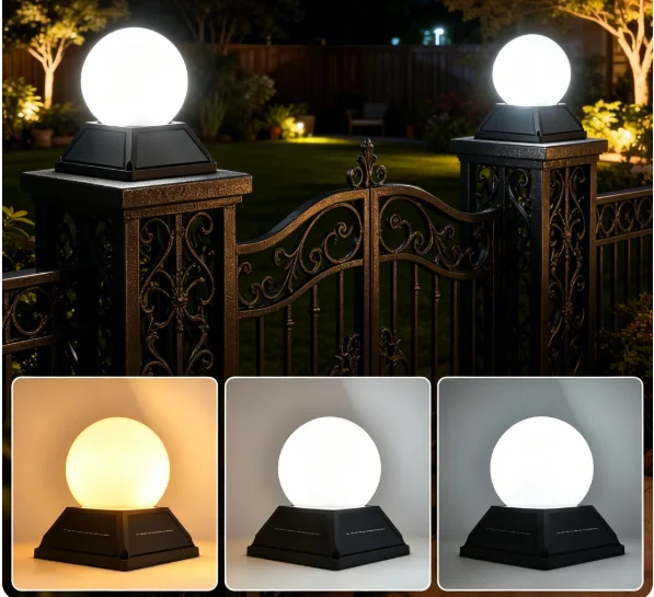 Round Ball Solar Post Light - IP65 Waterproof Solar Pillar Lamp with 3 Color Modes, Remote Control, Timer & Dimmable Function,