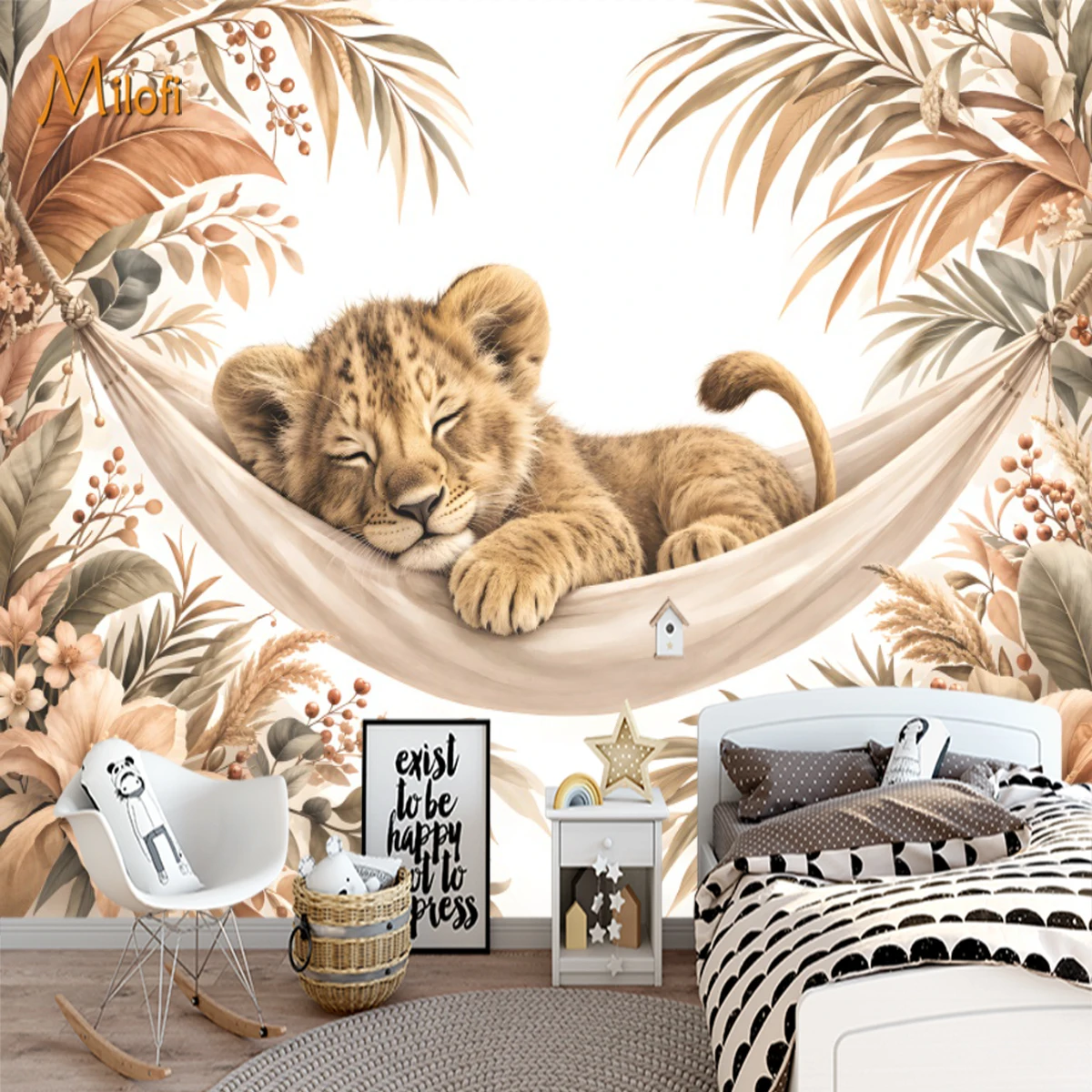 Milofi Customized 3D Cute Sleeping Baby Lion Wall Mural Boho Tropical Floral Leaf Wallpaper for  Nursery Home Wall Decor