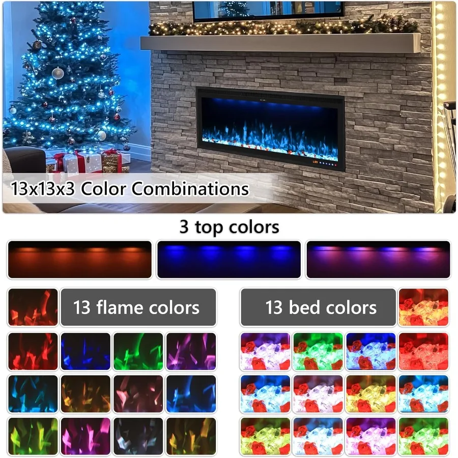 سخان مدفأة كهربائي مقاس 42 بوصة مع جهاز تحكم عن بعد للتطبيق لغرفة المعيشة وغرفة النوم وتصميم مثبت على الحائط وتوقيت 19 ساعة