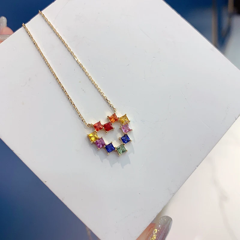 Aazuo Fine Jewely Real 18K Yellow Gold Natrual Sapphires OL Style Rainbow Heart Necklace Gift For Girls & Kids Birthday Party