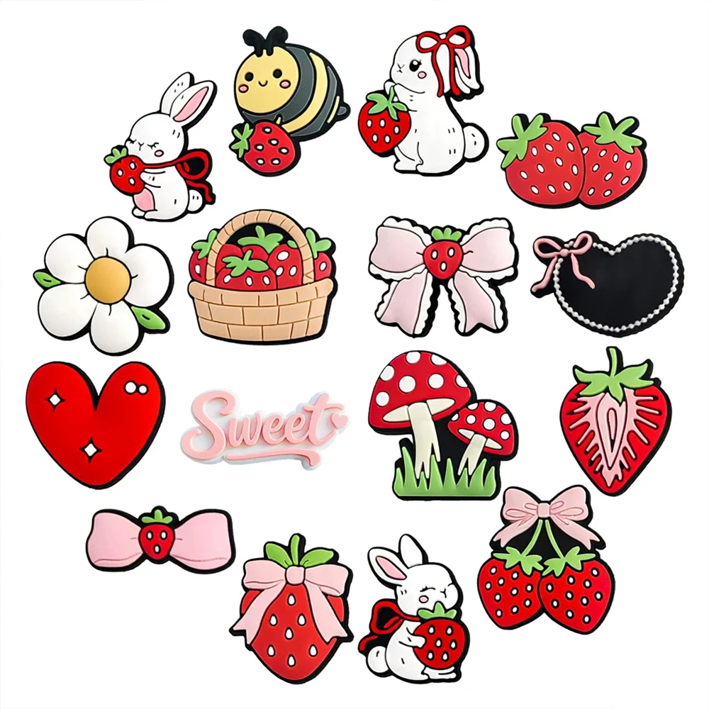5-16PCS Cartoon Sweet Bunny Strawberry Shoe Charm Wholesale PVC Decor Buckle Clog Bag Wristband Detachable Waterproof party Gift