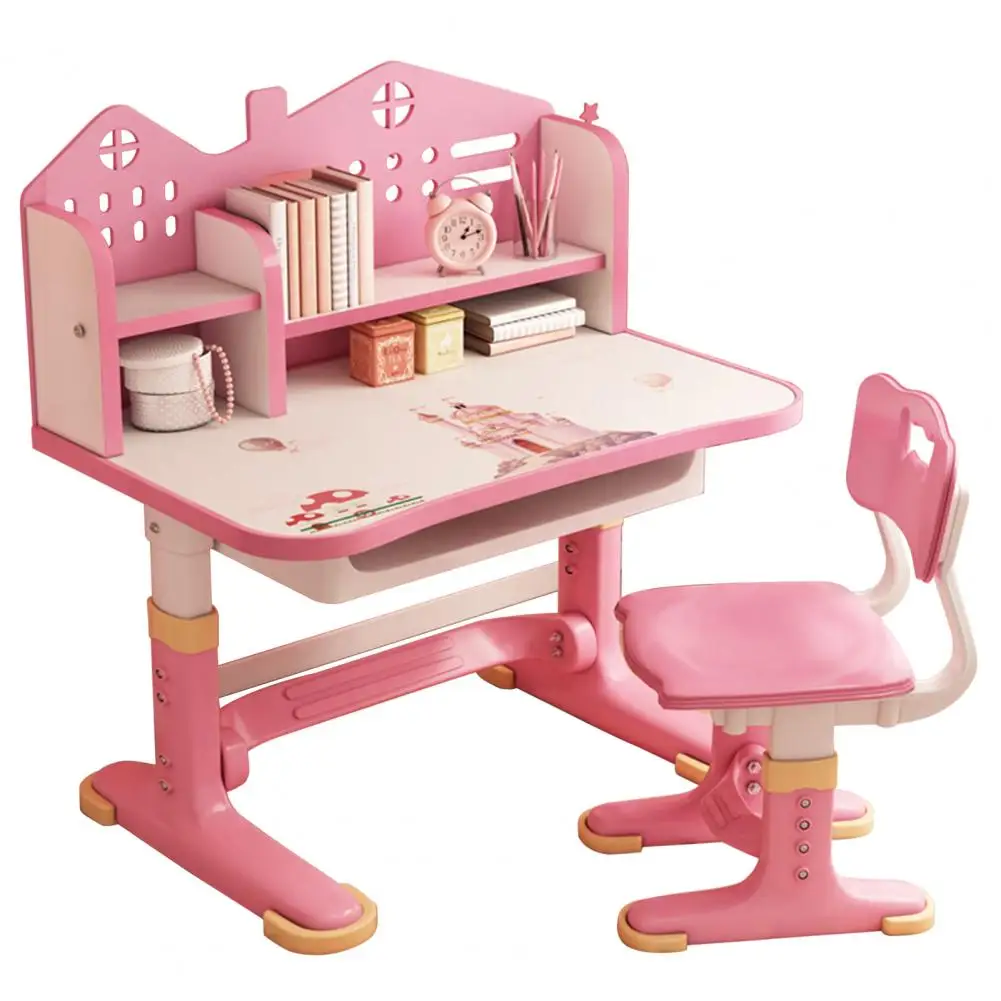 

Kids Functional Desk Chair Set Height Adjustable Children School Study Desk with Castle Backboard, Widened Desktop, Bookstand