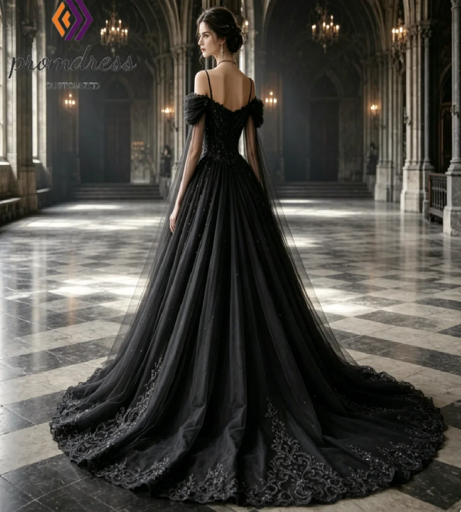 Luxury Princess Black Wedding Dress Off Shoulder Puff Sleeves Sparkly Beaded Lace Appliques Tulle Bridal Gown Vampire Halloween