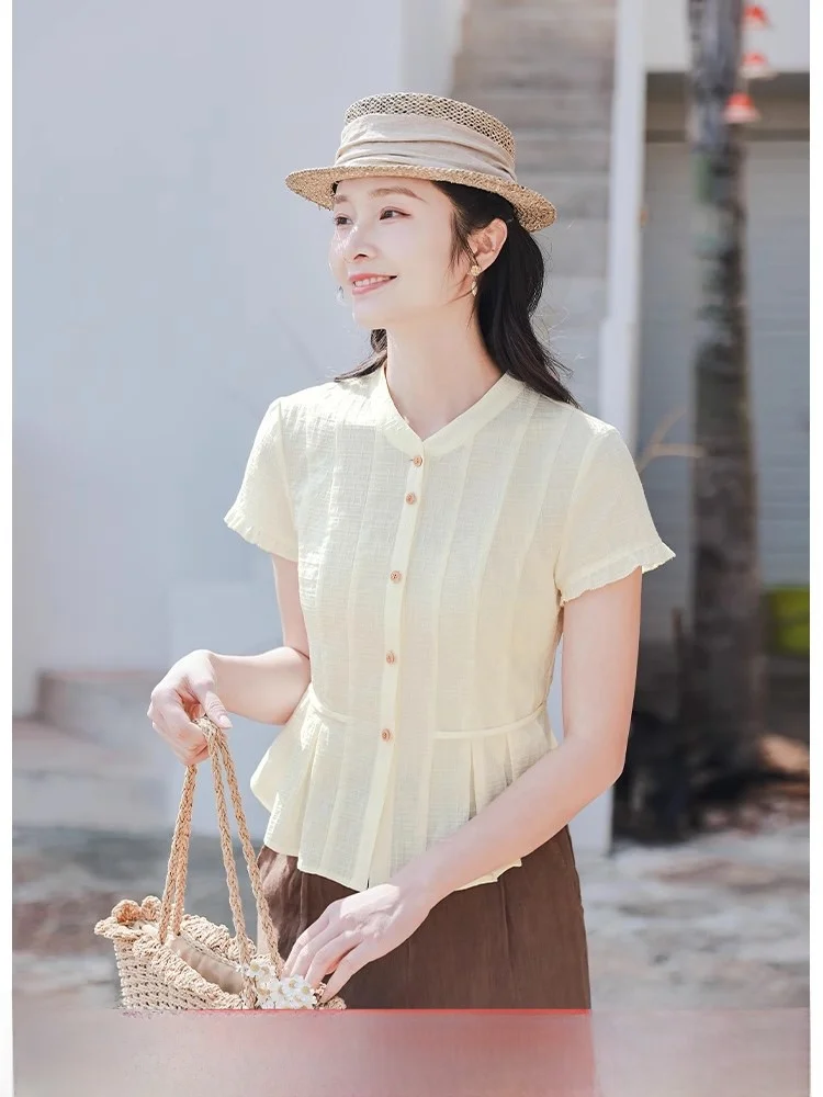

Pure Cotton ort Sve irt Women's Slim Fit Design Summer 2025 New Sle Ele Lady Top Red Peach Color Commute Sle