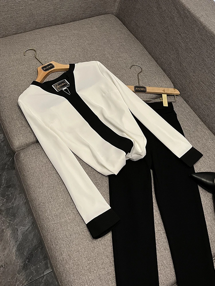 

Slimming V-Ne Long Sve Onesie Bla White Color Blo irt Commute Sle Women's Premium Feeling Busin Casual irt