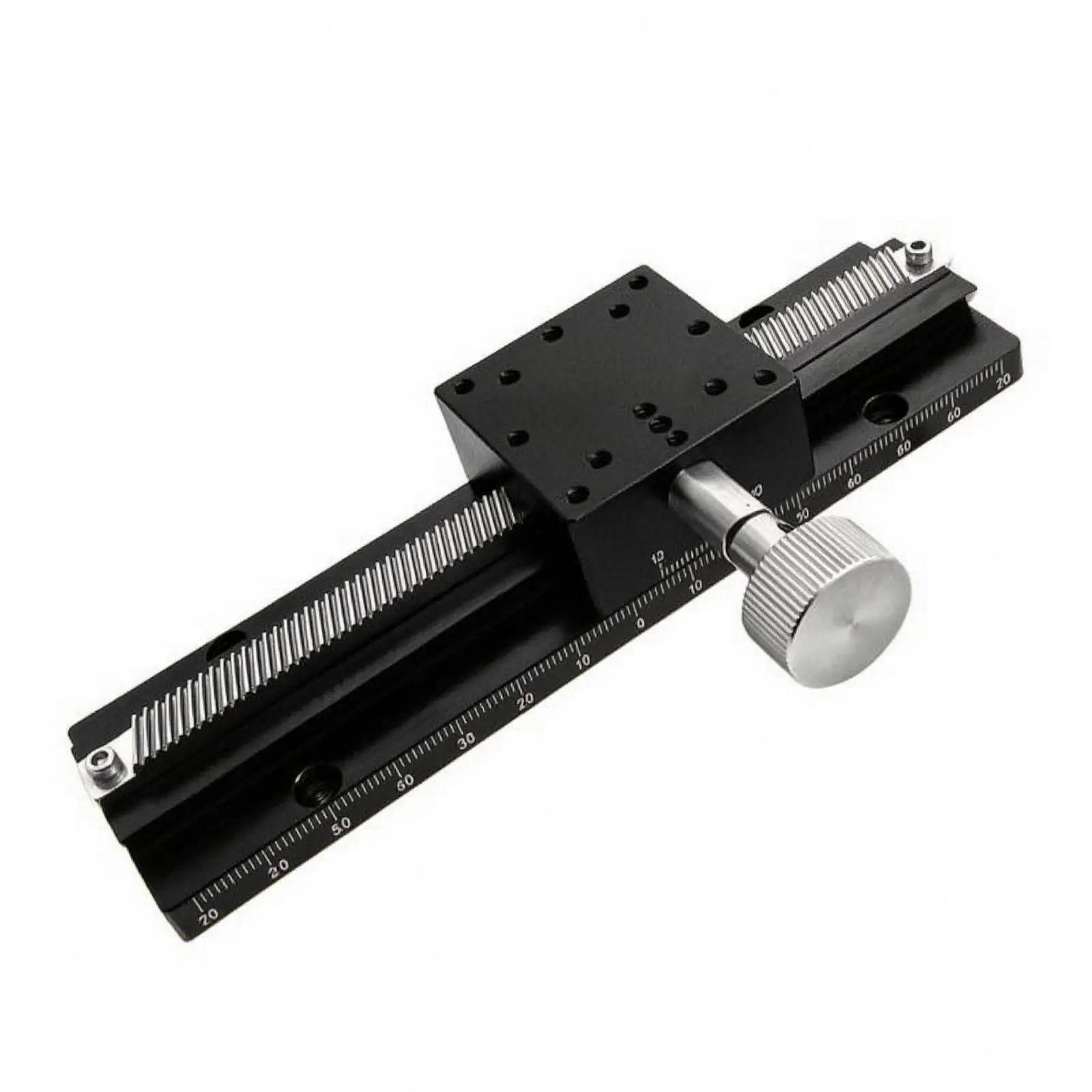 Lab Stage Linear Slide Manual Positioning Axis Rack Pinion Control Black Anodized Base Perforated Mounting Plate