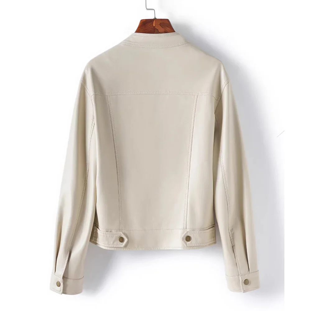 New Women Simplicity Split Leather Jacket Spring Autumn Fashion Stand Collin Long Sleeve Moto Biker Jacket Casual Short Coat