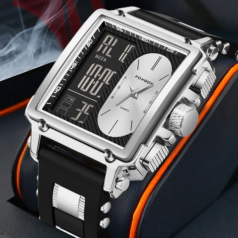 

FOXBOX New Square Digital Watches For Men Fashion Military Sports Men's Quartz Wristwatch Silicone Waterproof Date Chronograph