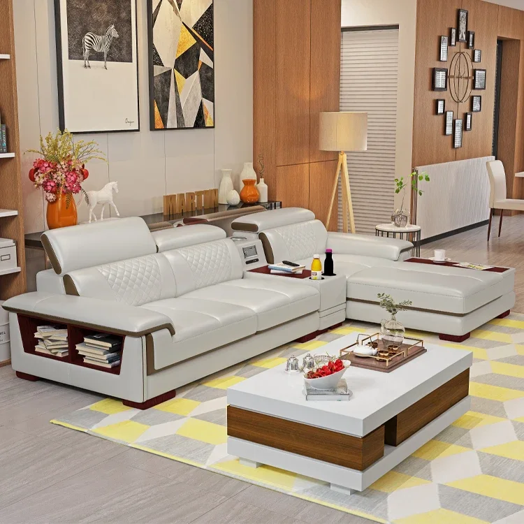 

-Modern Living Room Furniture Assembly L-shaped Leather Sofa With USB Port Bluetooth Sound Corner Sofa Set