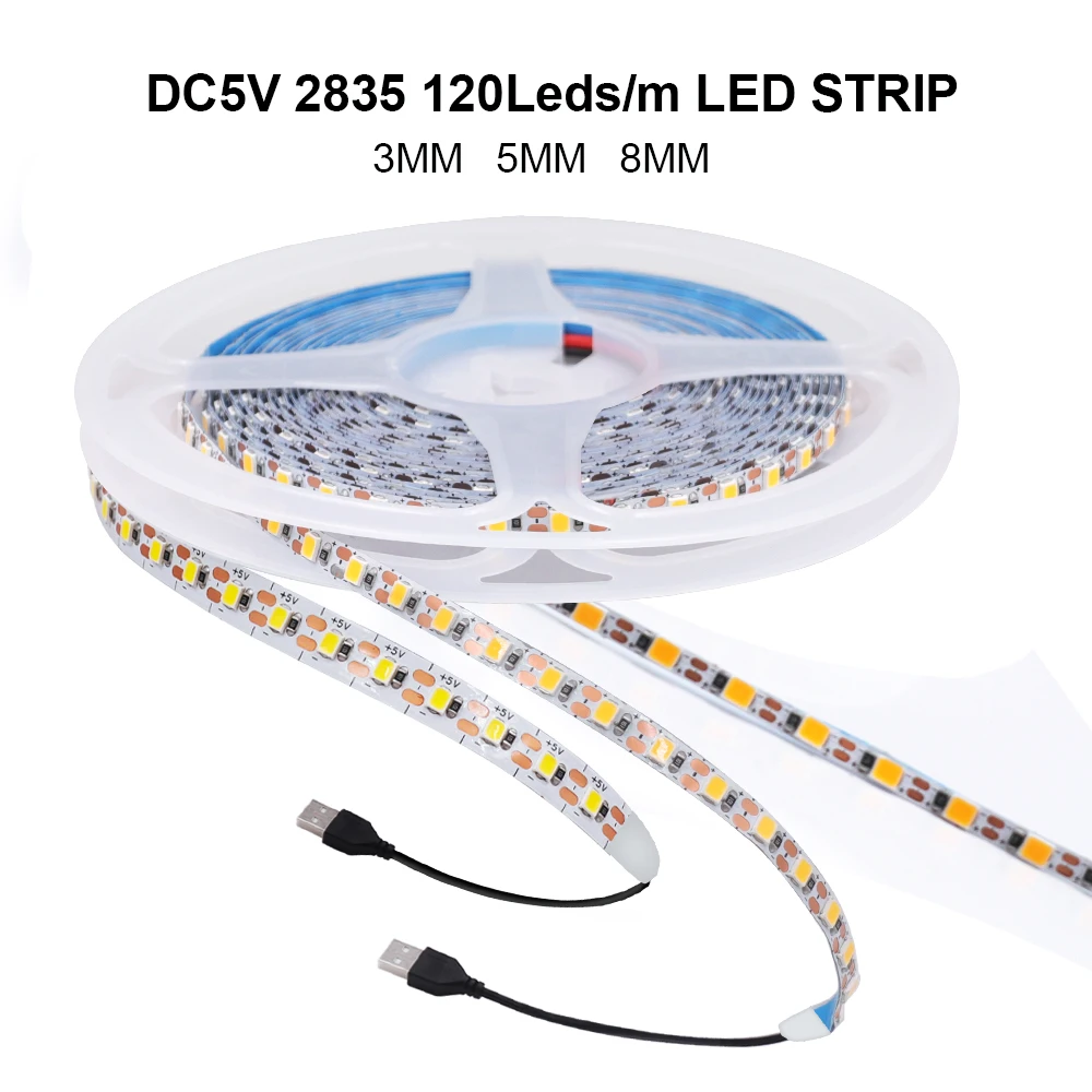 3mm 5mm 8mm wąska szerokość LED pasek światła DC5V 2835 120Leds/m Rape światło białe/ciepłe białe podświetlacz taśma LED USB