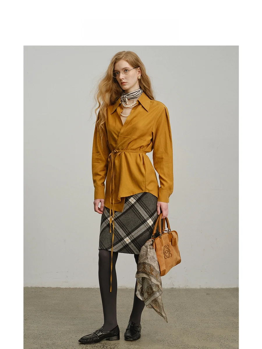 

Modern Plaid Double Woolen Skirt Havehas Retro Cheered Asymmetrical Bi-color Ladies Busin Casual Ci Commute Skirt