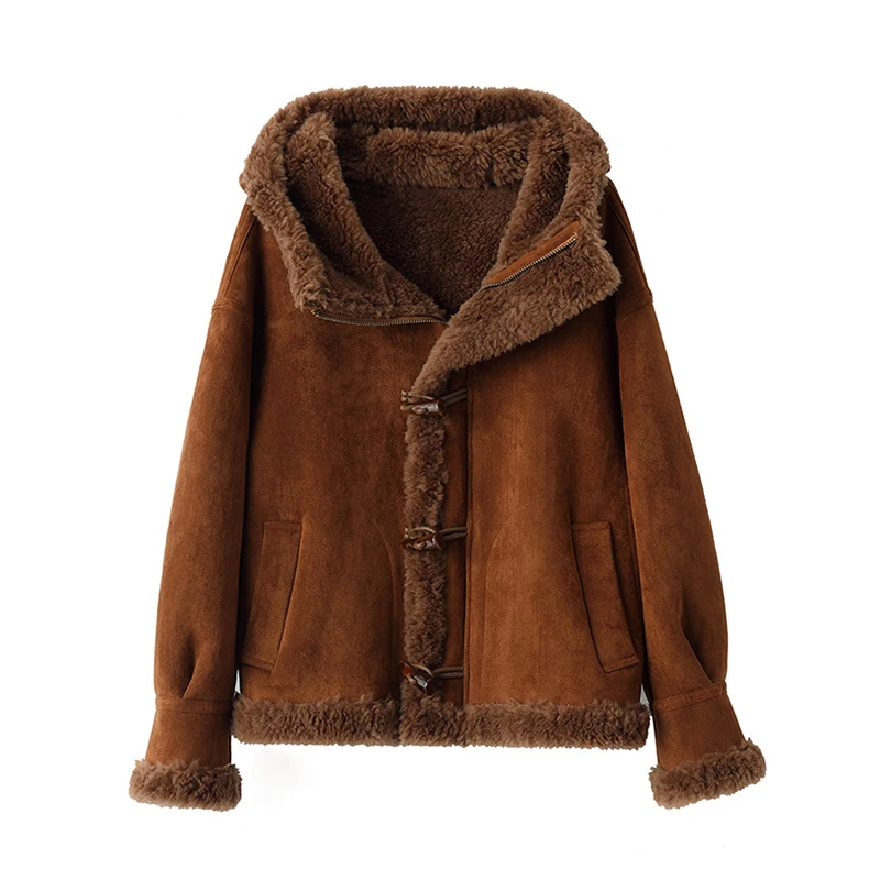 Retro Coffee 100% Wool Suede Jacket Coats for Women 2025 Winter Hooded Horn Buttons Casual Female Lambswool Thicken Warm Outwear