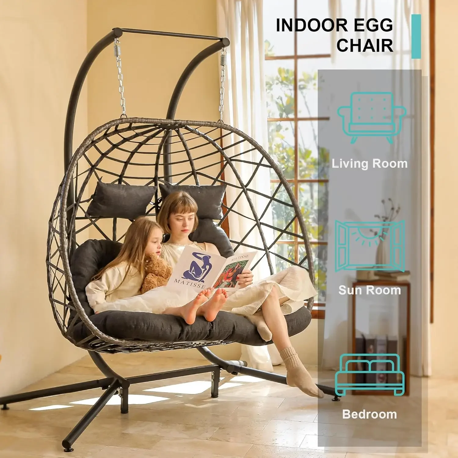 Double Egg Swing Chair with Stand, 2 Person Outdoor Indoor Hammock Hanging Chair with Cushion for Patio Living Room 550