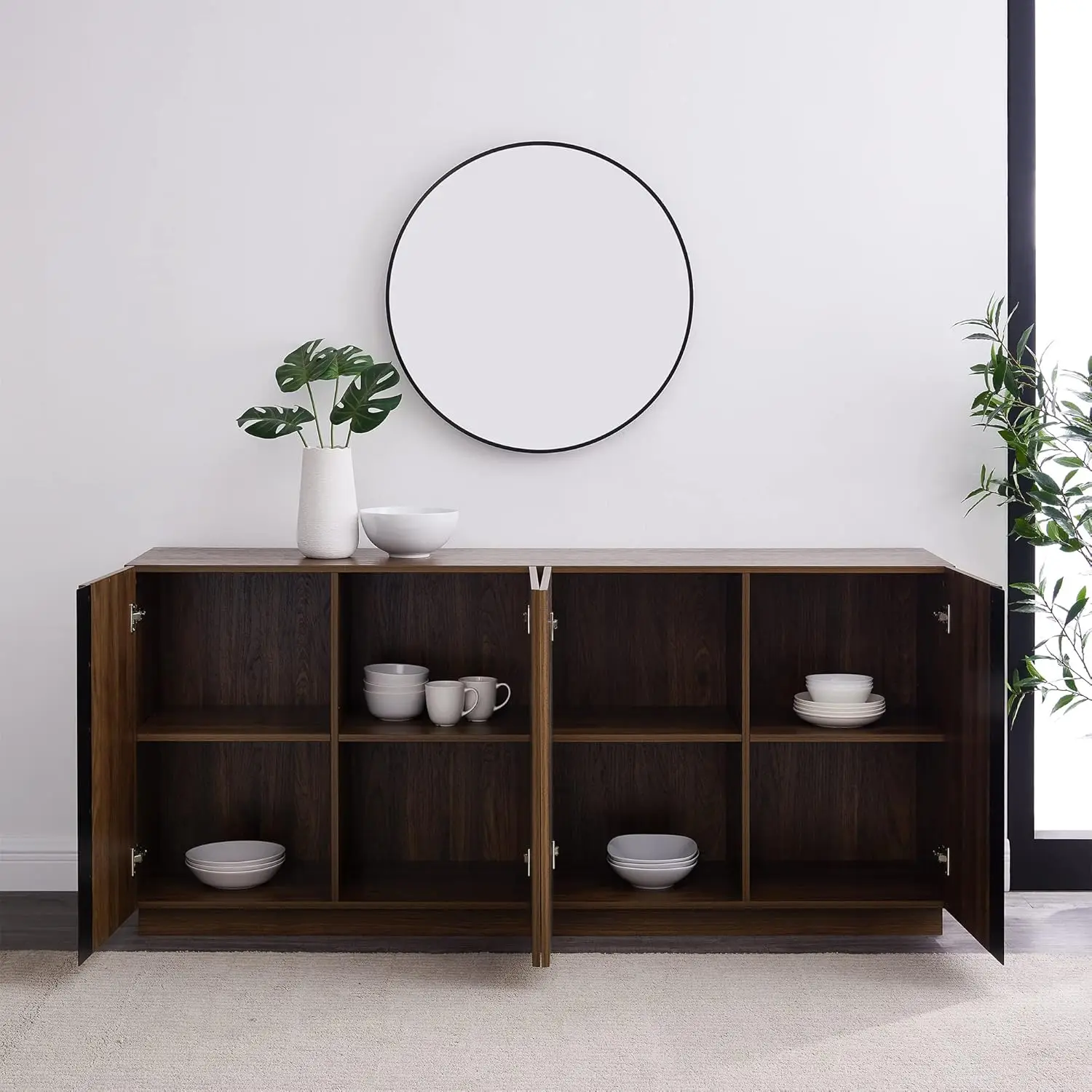 Contemporary 4 Door Minimalist Sideboard 70 Inch Dark Walnut Powder Coated Steel for Enhanced Durability and Style