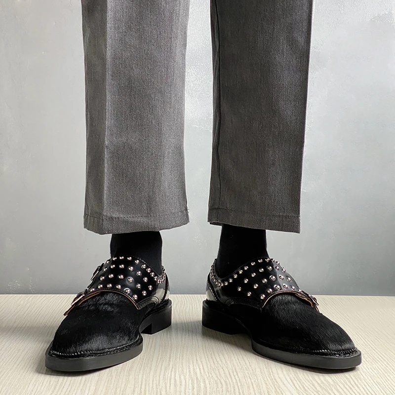 Luxury Monk Straps Metal Stud Embellished Horsehair Spliced Cowhide Square Toe Street Footwear Formal Party Men Shoes