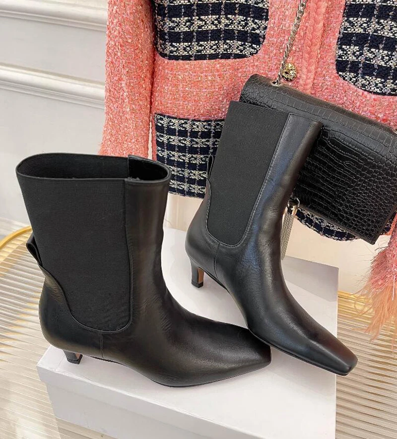 New Style Square Toe Kitten Heel Short Boots Women Genuine Leather Splicing Stretch Chelsea Boots Fashion Solid All Match Botas