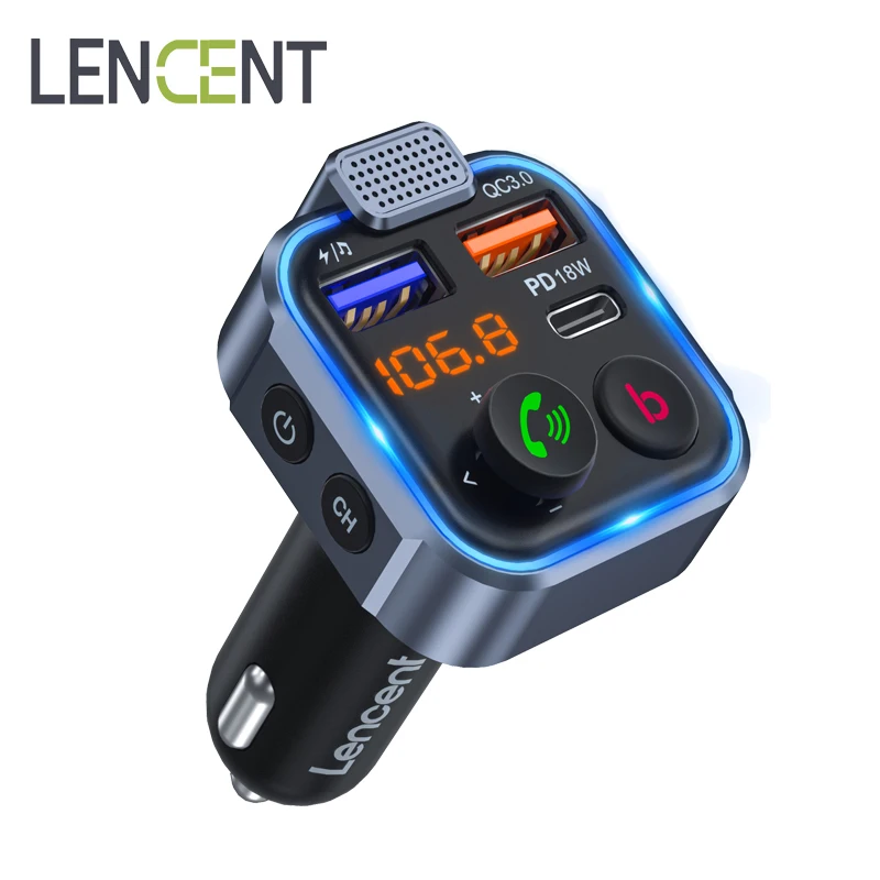 LENCENT FM Transmitter Wireless Bluetooth 5.0 Handsfree Car Kit Audio MP3 Player With Type-C PD 20W+ QC3.0 Fast USB FM Modulator