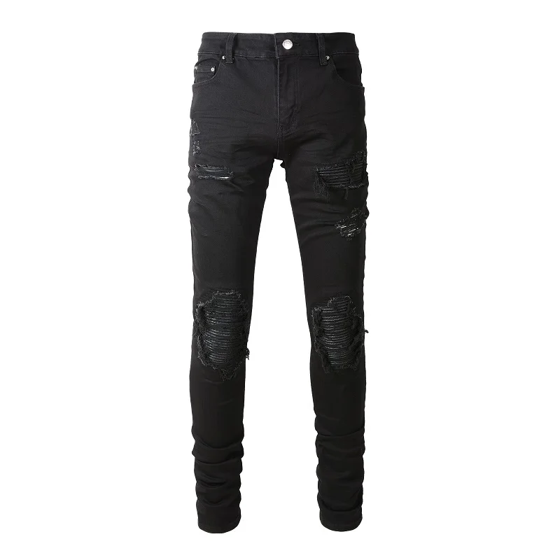 Remendo de couro do motociclista jeans para a motocicleta streetwear buracos rasgado retalhos estiramento denim calças preto magro afilado