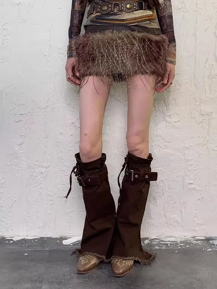 REDDACHiC Grayu Y2k Women Denim Leg Warmers Bandage Plain Brown Flare Knee Long Socks Belt Raw Hem Boots Cover Vintage Clothes