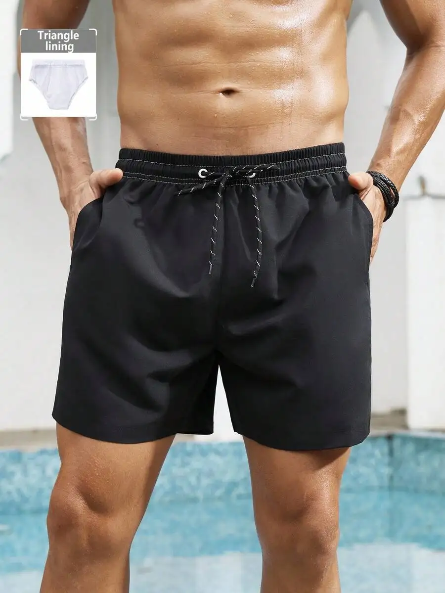 

Manfinity EZcore Plus Size Men's Solid Color Drawstring Waist Pocket Beach Shorts Men Drawstring Shorts Men Swimming Shorts