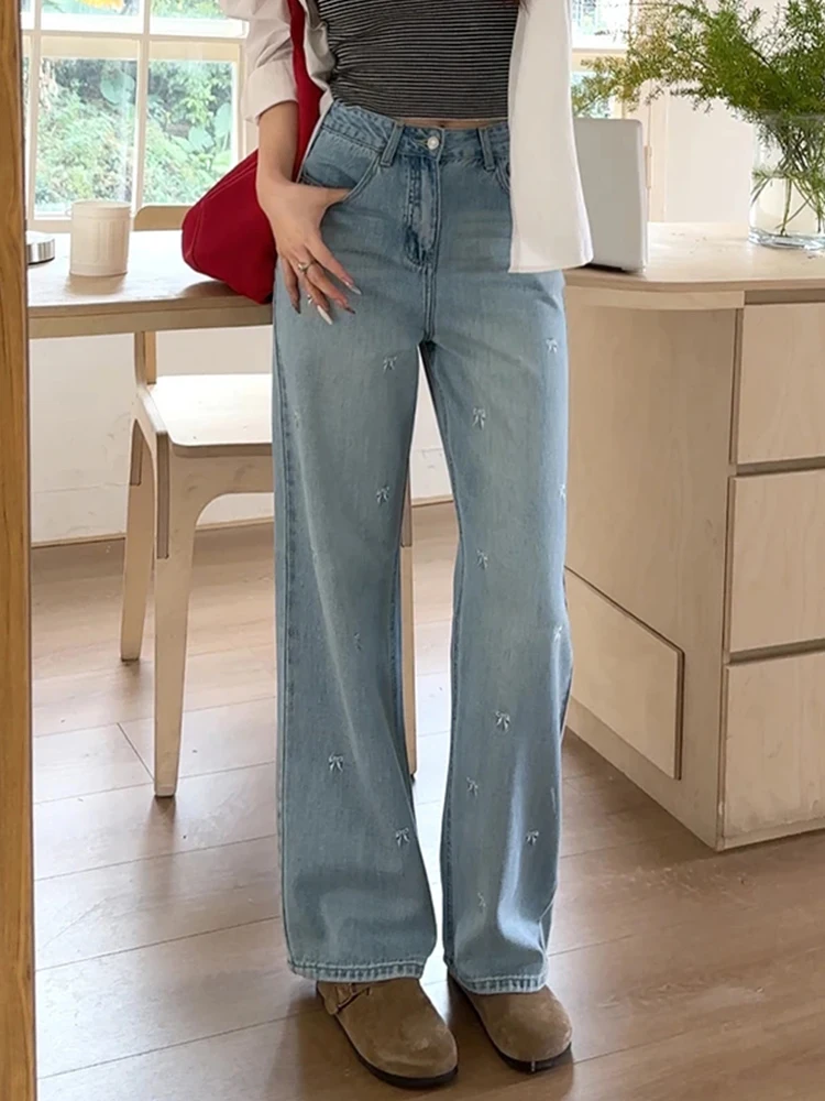 

Джинсы женские с высокой талией, свободного кроя, прямые, из денима, весна-лето, новый стиль, с вышивкой узлами, утягивающие, широкие брюки