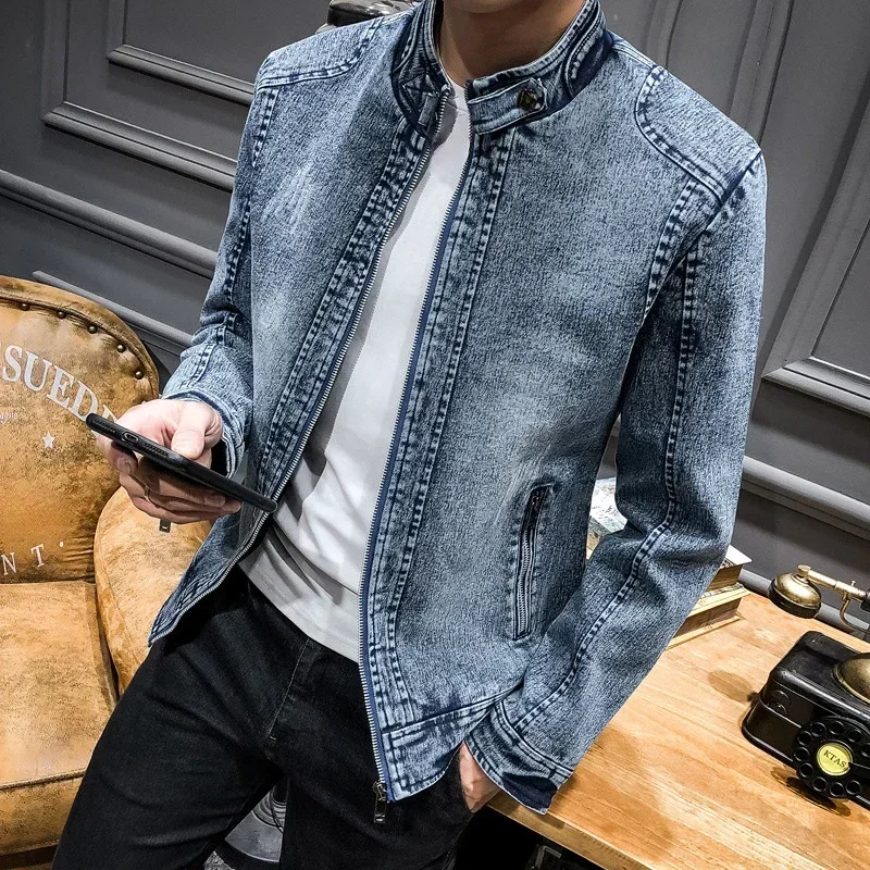 Mens Blue Retro Denim Jacket Casual Cotton Zip Up Long Sleeve Stand Collar Jacket Oversize 3xl 4xl Boys Slim Fit Vintage Coat