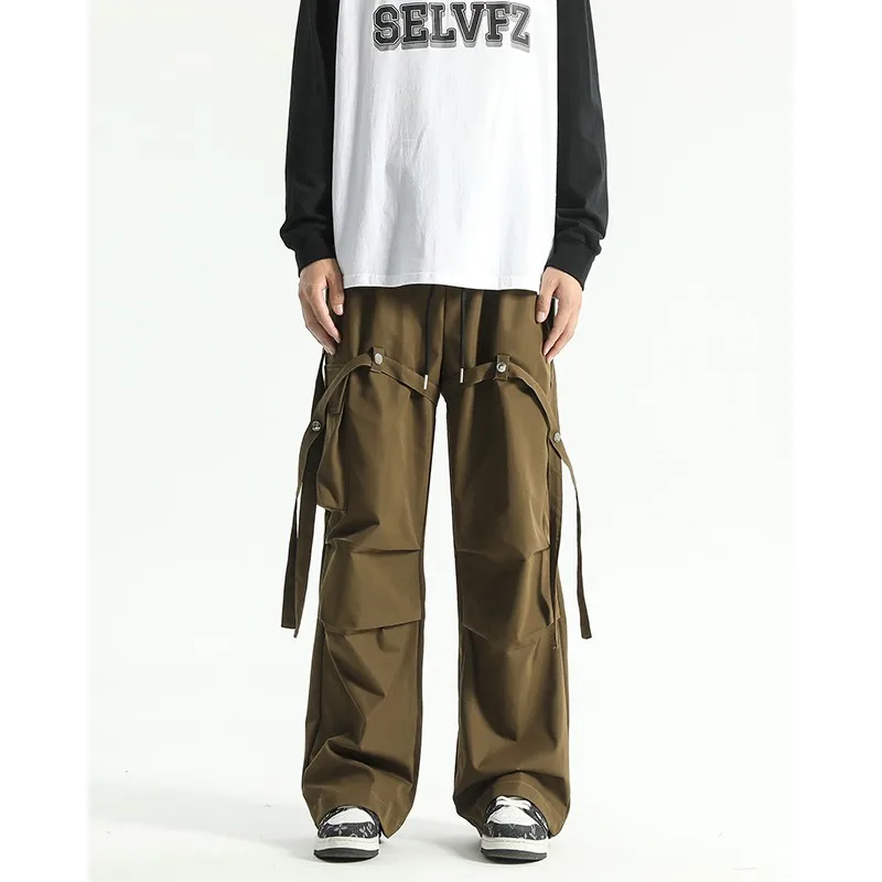 Autumn Men's Baggy Pants Ribbons Pockets Knee Pleated Loose Long Straight Hip Hop Trousers Male Oversized Cargo Pants