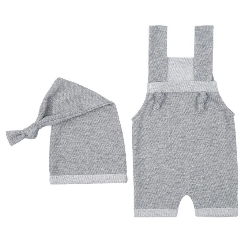 2pcs/set Newborn Photography Costume Baby Knot Hat and Overall Strap Pants Perfect Photo Shoots Accessories for Boys 85LE