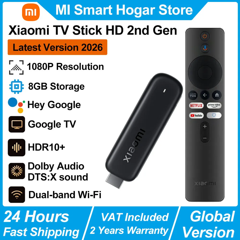 Xiaomi TV Stick HD 2nd Gen, Reproductor Multimedia Portátil con Google TV, Control Remoto por Voz Bluetooth, WiFi de Doble Banda, Dongle de TV Inteligente con Asistente de Google