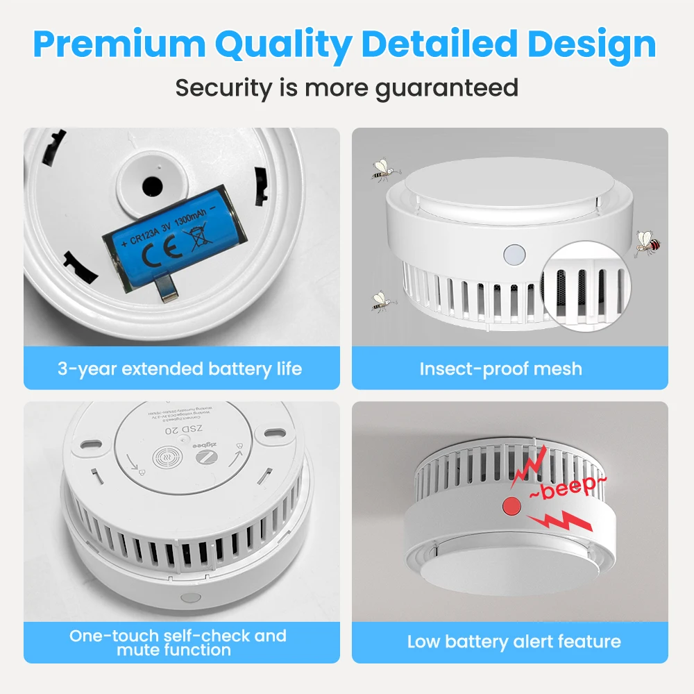 AVATTO Tuya Zigbee Smart Rooksensor Brandbeveiliging Rookmelder Smart Home Security Alarm op afstand voor Alexa Google Home
