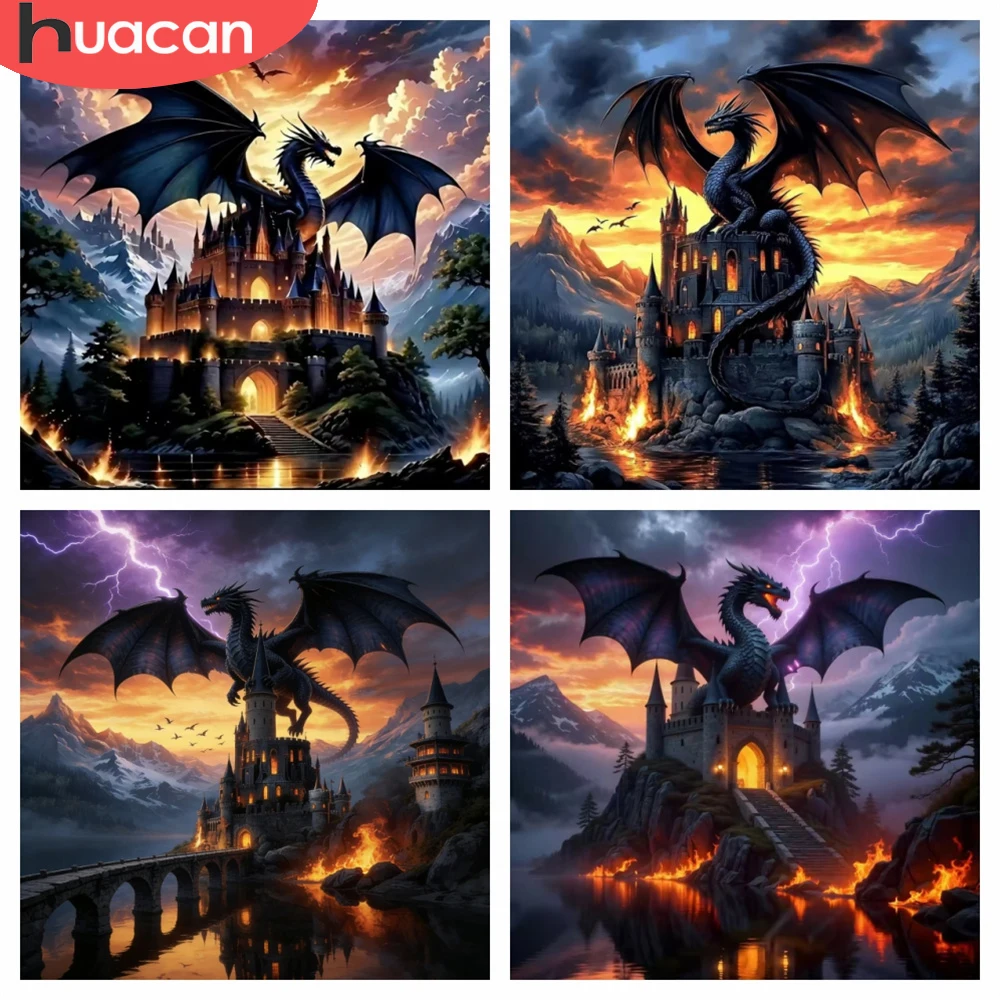 HUACAN Diamond Painting Sets für Erwachsene, Schloss-Landschaft, Mosaik, Drache, Diamantkunst, Tier, Berg, Heimdekoration, Strass