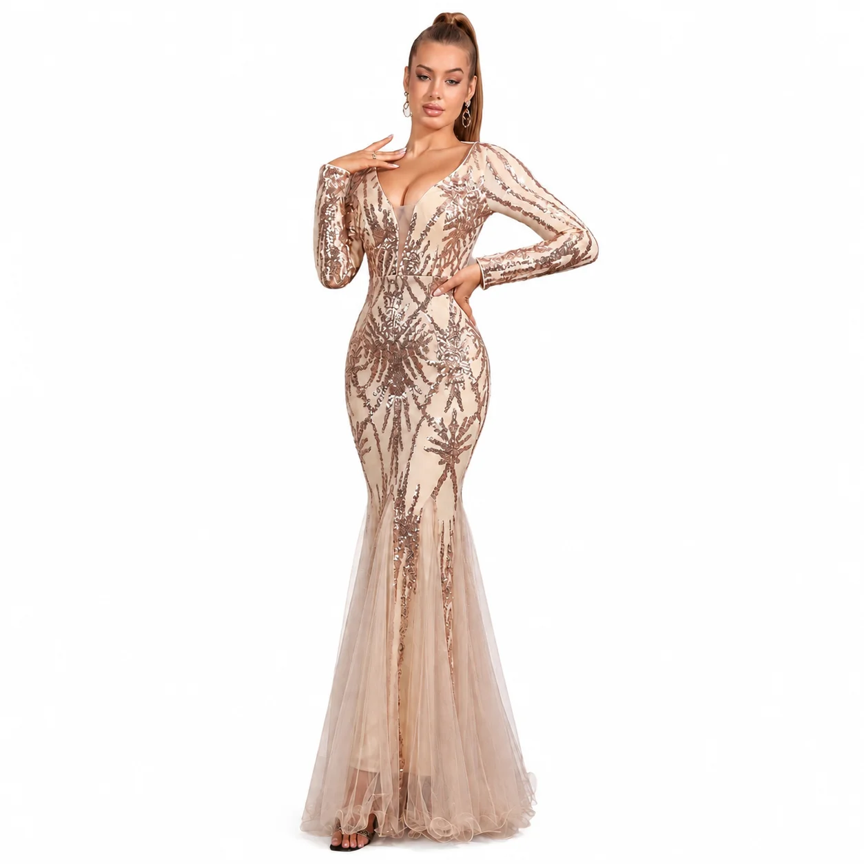 Women Long Sleeve Sequin Mermaid Prom Dress, Deep V Sheer Mesh Back Tie Long Formal Evening Gown for Wedding Guest Party