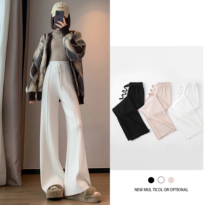 Fashion Women Tassel Knitting Pants Wide Leg Pants Wool High Waist Straight Pants Casual Loose Soft Drawstring Trousers