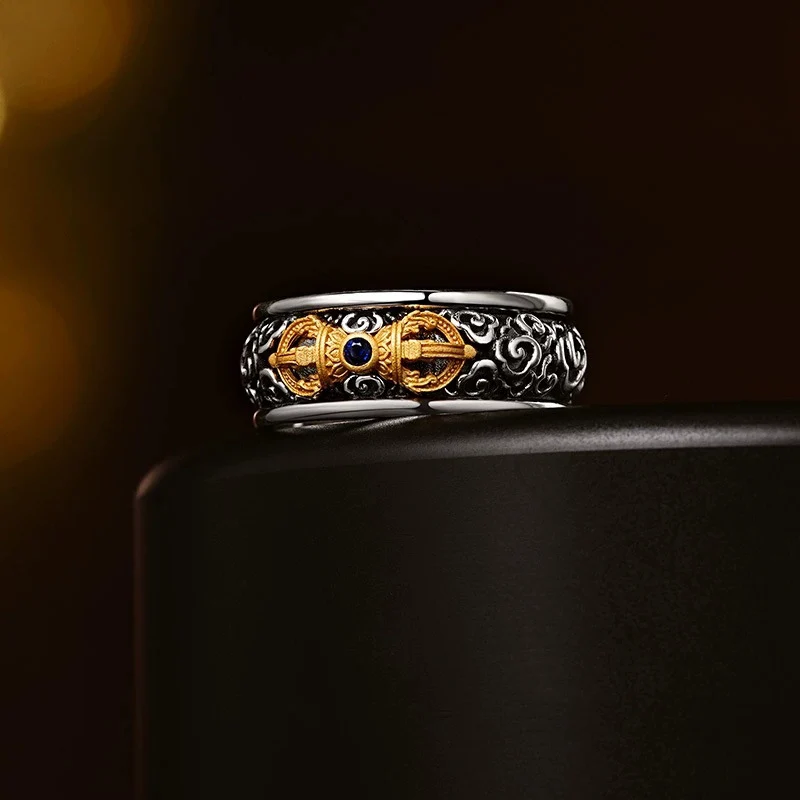 Creative Retro Thai Silver Antique Pestle Ring Men's Tibetan style Open Rings High-end Feeling Auspicious Clouds Finger Jewelry
