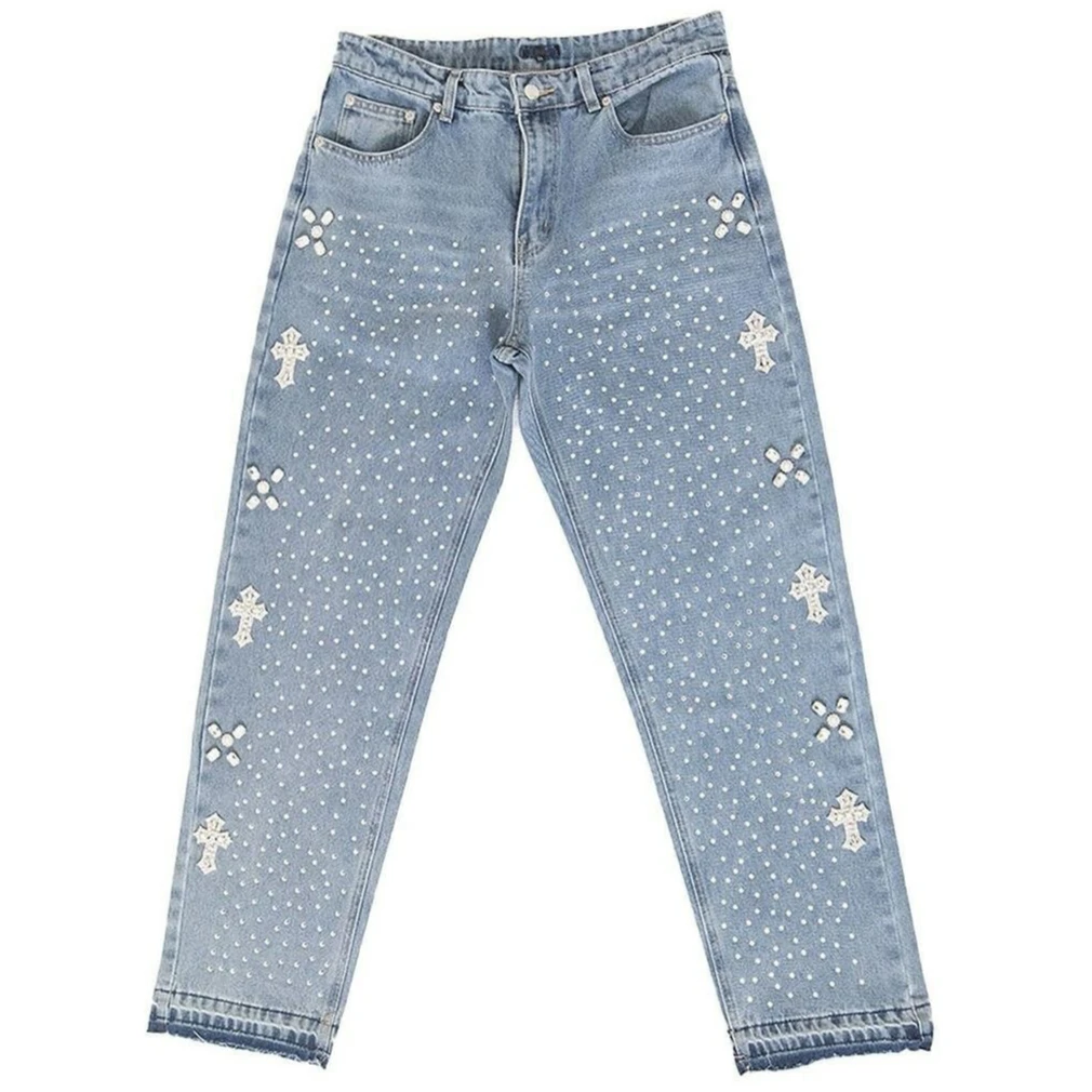 Y2K Fashion Jeans Men Women Harajuku Cross Graphic Rhinestone Baggy Trousers Goth Retro Blue Straight Pants Streetwear Clothing