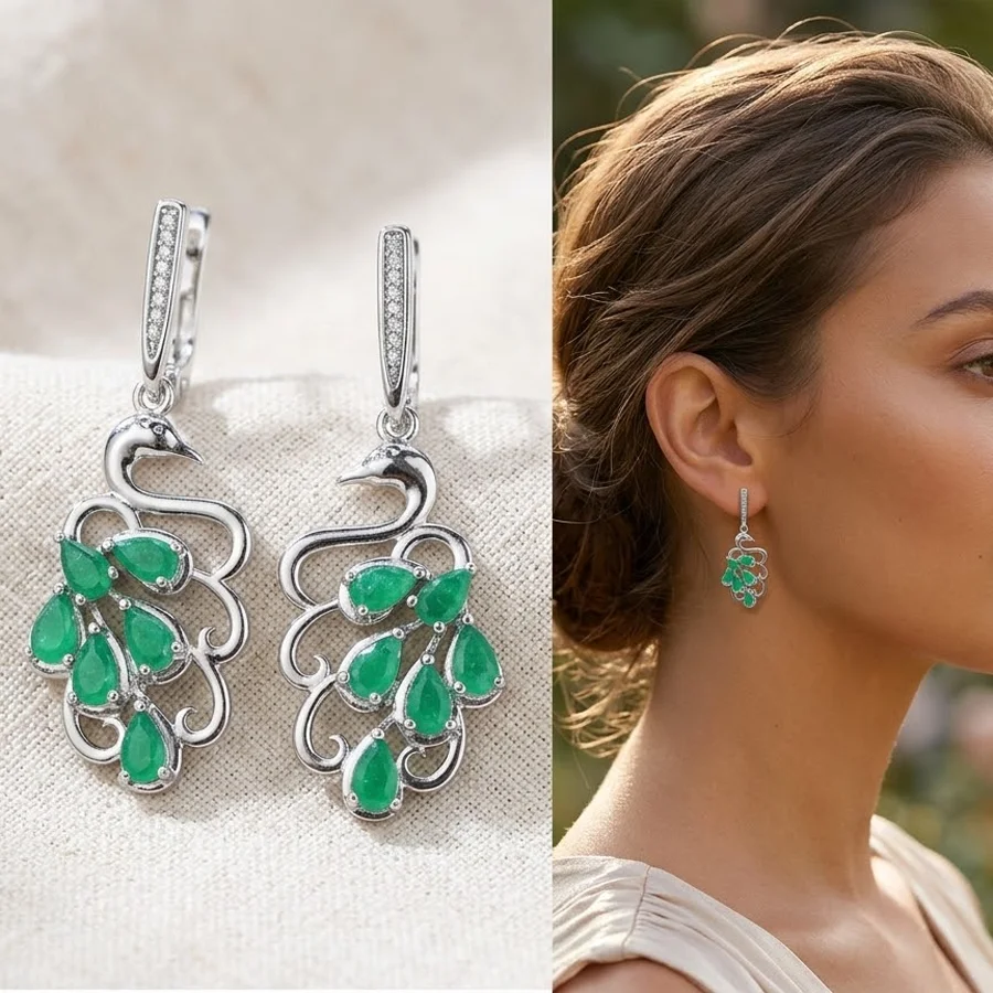 45x16mm Pretty 5.8g Real Blue Sapphire Real Green Emerald Real Red Ruby CZ Women Daily Wear Silver Earrings