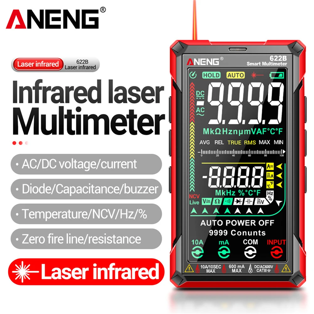 ANENG 622B cyfrowy inteligentny multimetr 10A miernik testowy automatyczny True RMS DC/AC 9999 Multitester z lampa laserowa pojemnością Ohm