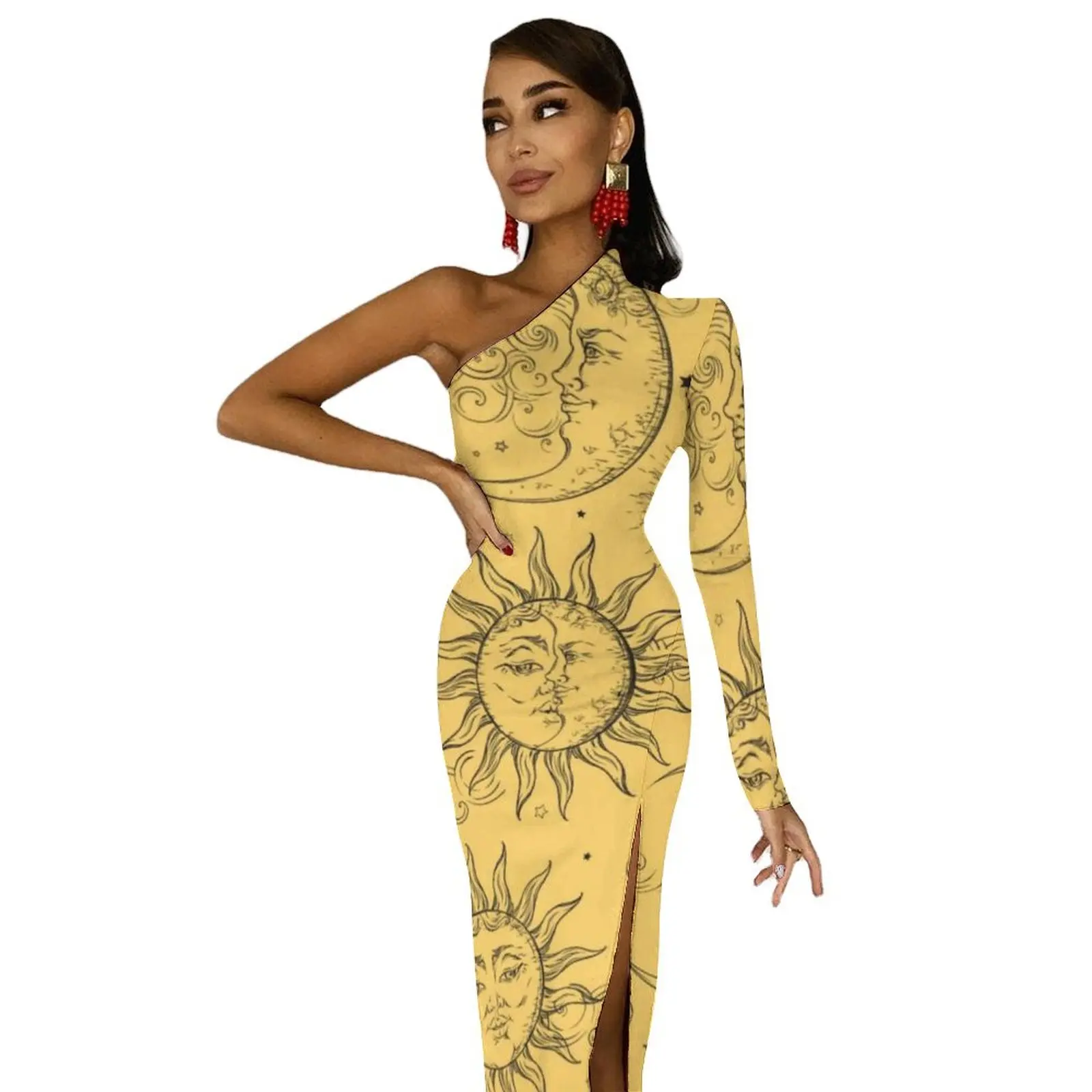 Vintage Celestial Sun Long Dress Woman Yellow Magic Moon Stars Party Maxi Dress Autumn Retro Bodycon Dresses High Slit Vestido