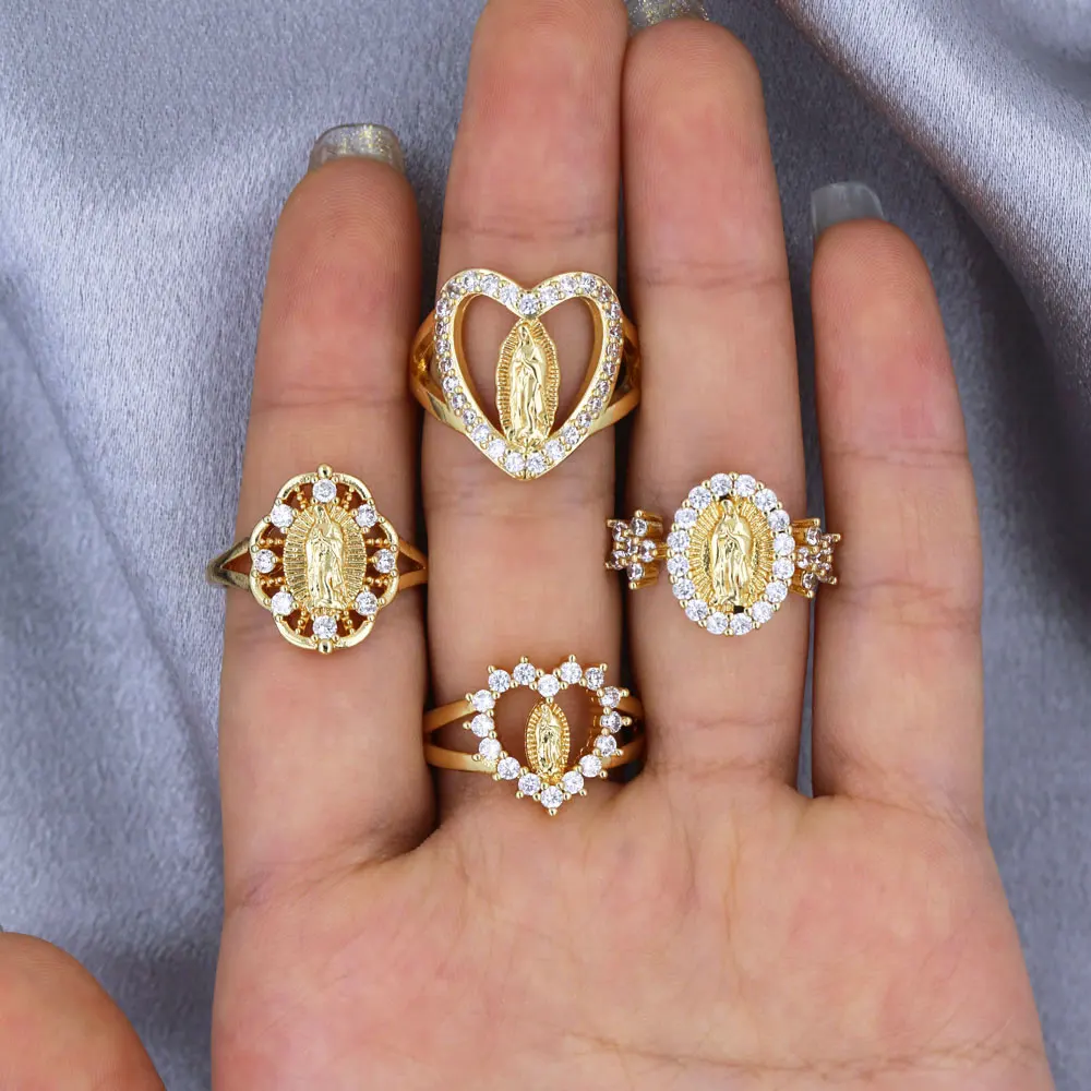 Geometric Shape Religious Women Ring Simple Versatile Plated Gold Copper Virgin Mary White Zircon Adjustable Ring